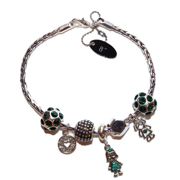 DaVinci Charm Bracelet 8" 7 Beads - Daughter Heart Girl Silver Emerald Green CZ - Picture 1 of 3
